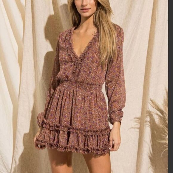 New BaeVely Brown Printed Ruffle Mini Dress Size Large - Picture 1 of 9